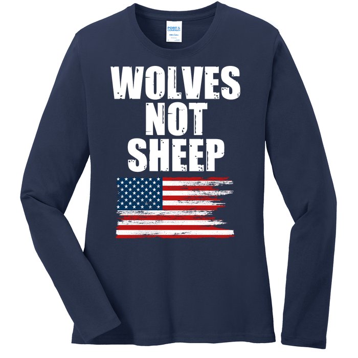 Wolves Not Sheep Distressed American USA Flag Ladies Long Sleeve Shirt