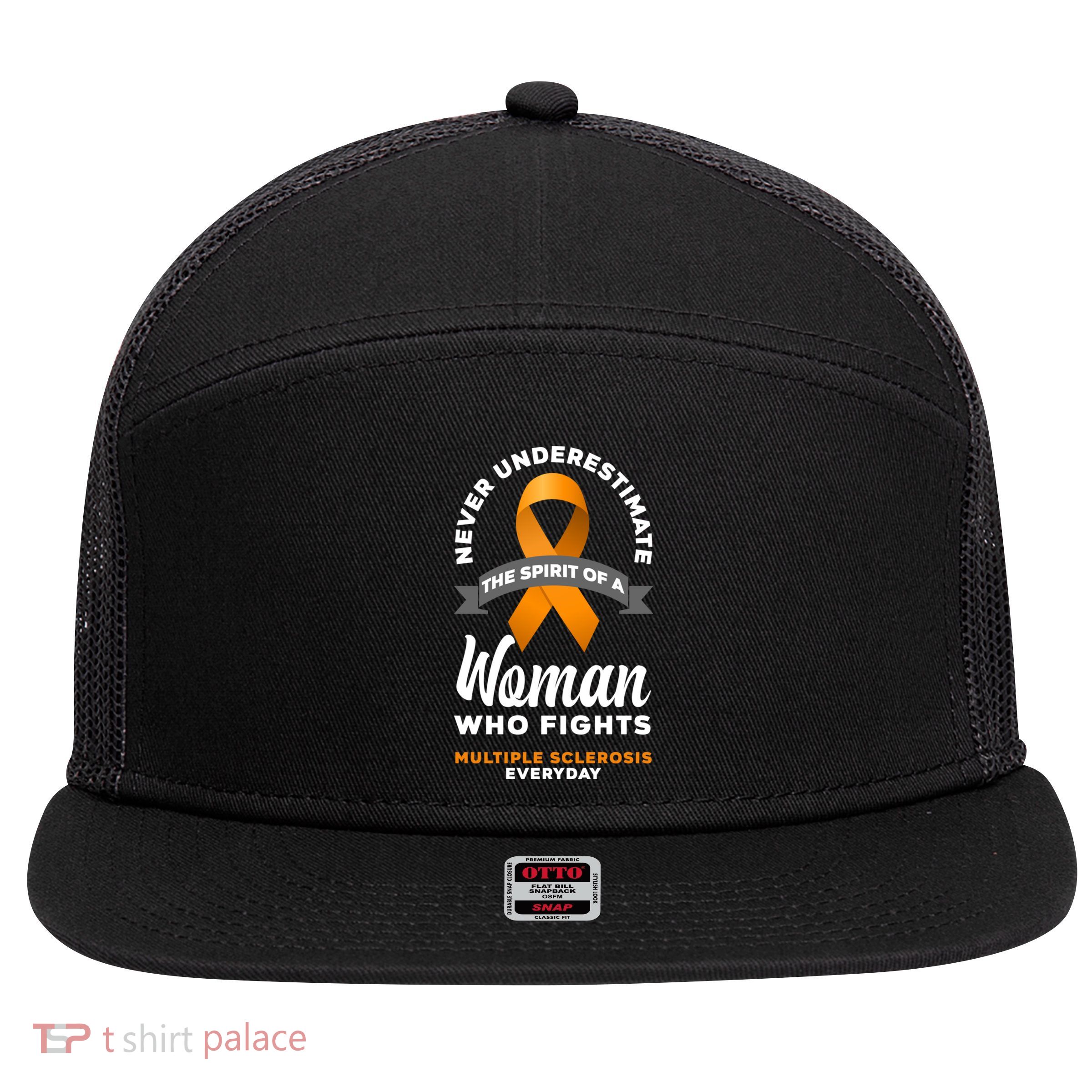 Wo Never Underestimate A Fights Multiple Sclerosis Gift 7 Panel Mesh Trucker Snapback Hat