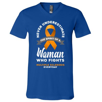 Wo Never Underestimate A Fights Multiple Sclerosis Gift V-Neck T-Shirt