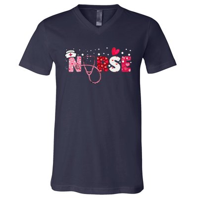 Women Nurses Valentines Day Gifts Hearts Stethoscope V-Neck T-Shirt