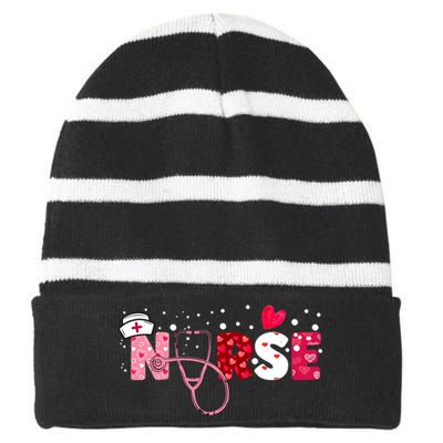 Wo Nurses Valentines Day Gifts Hearts Stethoscope Striped Beanie with Solid Band