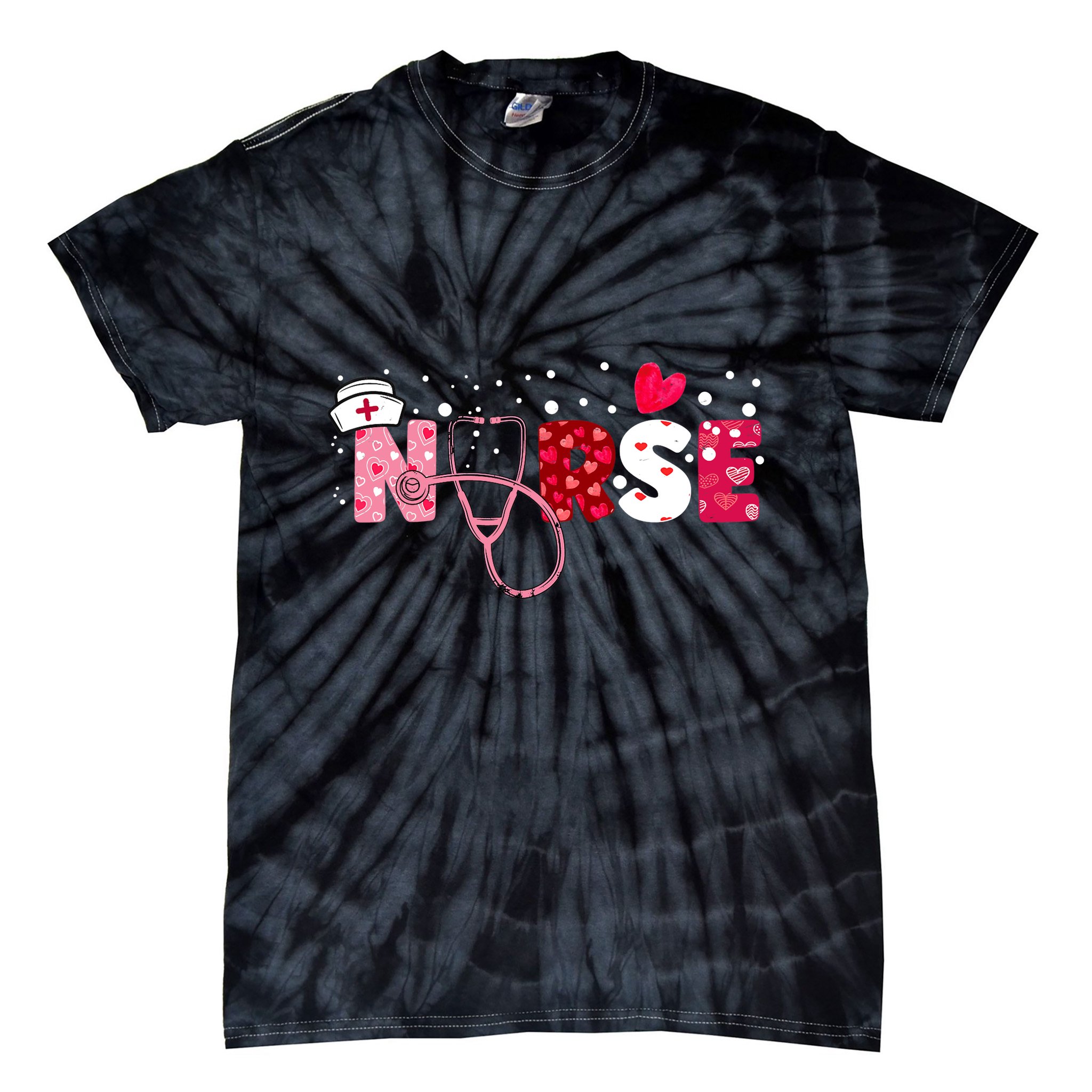 Wo Nurses Valentines Day Gifts Hearts Stethoscope Tie-Dye T-Shirt
