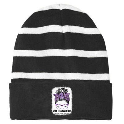 Wife of a Warrior Purple Ribbon Testicular Cancer Awareness Striped Beanie with Solid Band