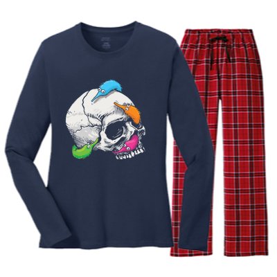 Worms On A String On A Skull Women's Long Sleeve Flannel Pajama Set 