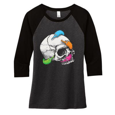 Worms On A String On A Skull Women's Tri-Blend 3/4-Sleeve Raglan Shirt