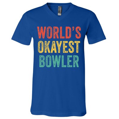 World's Okayest Bowler Funny Bowling Lover Vintage Retro V-Neck T-Shirt