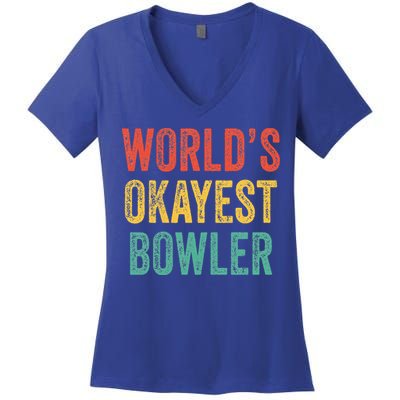World's Okayest Bowler Funny Bowling Lover Vintage Retro Women's V-Neck T-Shirt