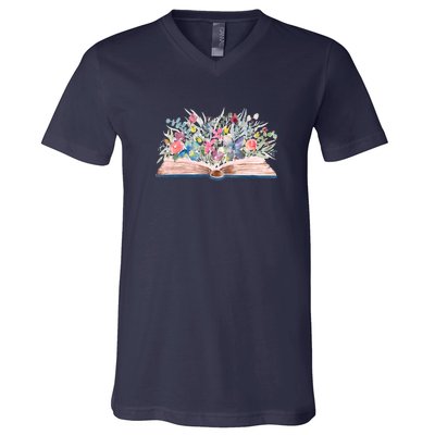 Watercolor Open Book With Florals V-Neck T-Shirt