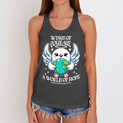 Wings Of Courage World Of Hope World Refugee Day Dove Earth Gift Women's Knotted Racerback Tank