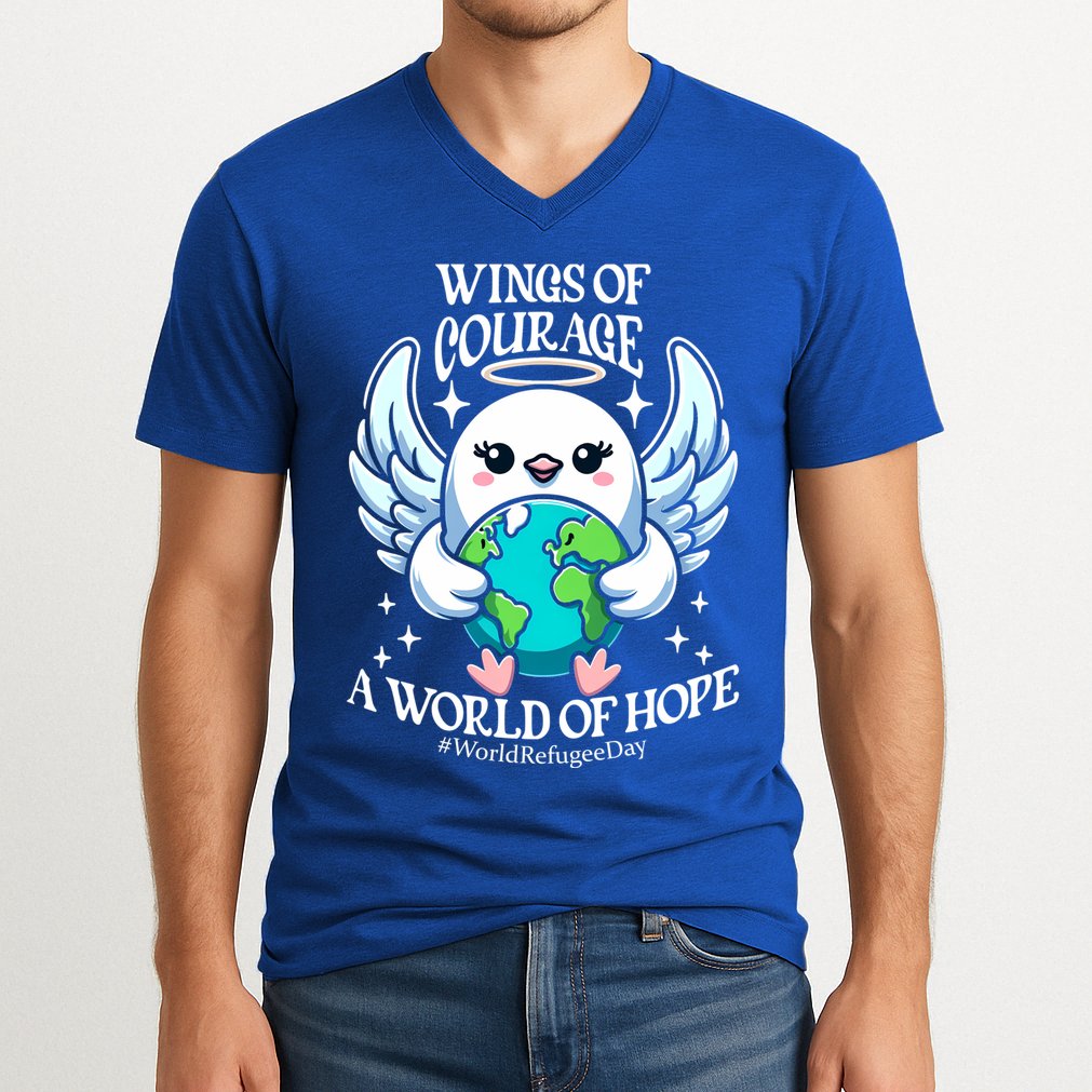 Wings Of Courage World Of Hope World Refugee Day Dove Earth Gift V-Neck T-Shirt