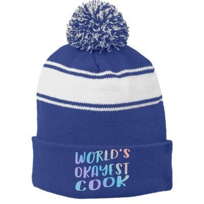 Worlds Okayest Cook Funny Kitchen Chef Gift Stripe Pom Pom Beanie