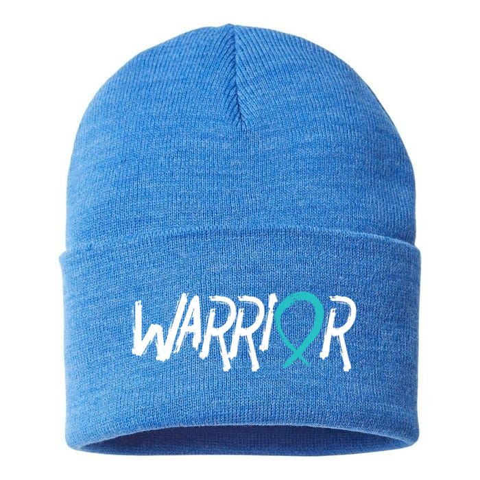 Warrior Ovarian Cancer Carcinoma Gynecology Teal Ribbon Gift Sustainable Knit Beanie