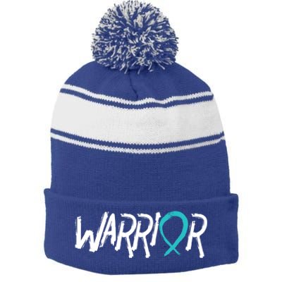 Warrior Ovarian Cancer Carcinoma Gynecology Teal Ribbon Gift Stripe Pom Pom Beanie