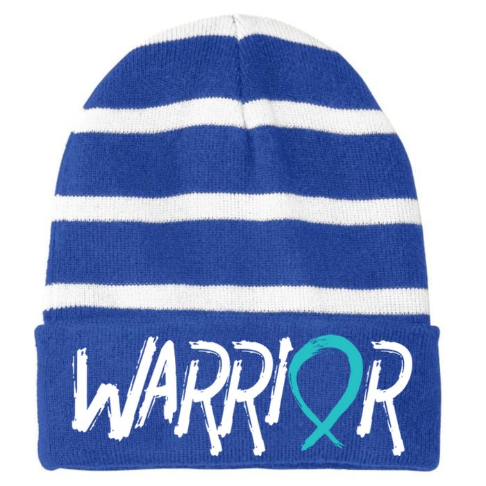 Warrior Ovarian Cancer Carcinoma Gynecology Teal Ribbon Gift Striped Beanie with Solid Band