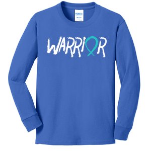 Warrior Ovarian Cancer Carcinoma Gynecology Teal Ribbon Gift Kids Long Sleeve Shirt