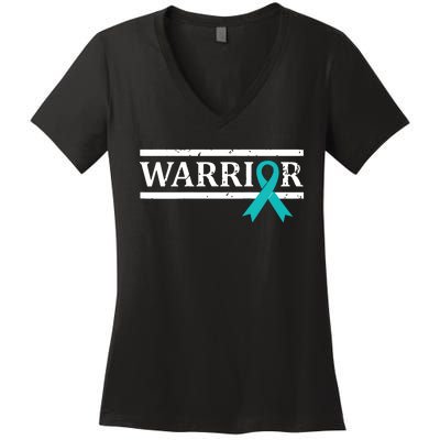 Women Ovarian Cancer Warrior Teal Ribbon Ovarian Cancer Tank Top Women's V-Neck T-Shirt