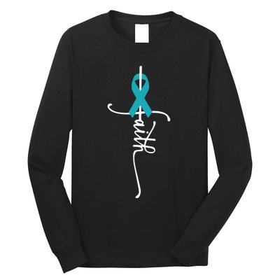 Women Ovarian Cancer Faith Ovarian Cancer Awareness Vneck Long Sleeve Shirt