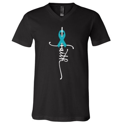 Women Ovarian Cancer Faith Ovarian Cancer Awareness Vneck V-Neck T-Shirt