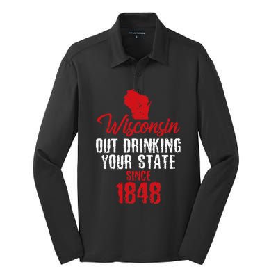 Wisconsin Out Drinking Your State Since 1848 Silk Touch Performance Long Sleeve Polo