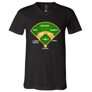 WhoS On First Baseball Diamond Fielding V-Neck T-Shirt