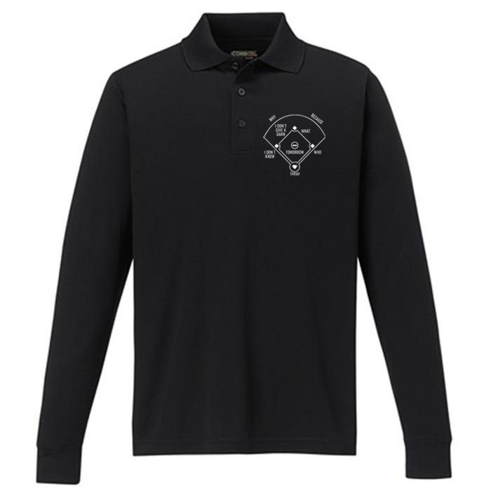 Whos On First Funny Baseball Positions Names Dark Performance Long Sleeve Polo