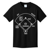 Whos On First Funny Baseball Positions Names Dark Kids T-Shirt