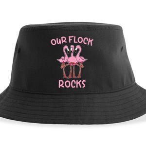 Womens Our Flock Rocks Flamingo Matching Family Vacation Group Sustainable Bucket Hat