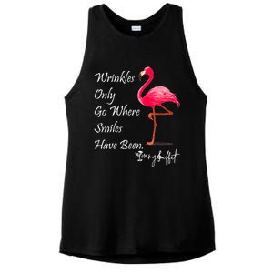 Wrinkles Only Go Where Smiles Have Been Flamingo Funny Ladies PosiCharge Tri-Blend Wicking Tank