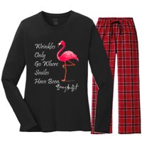 Wrinkles Only Go Where Smiles Have Been Flamingo Funny Women's Long Sleeve Flannel Pajama Set 