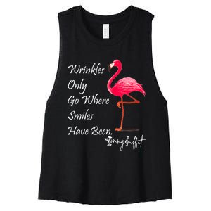 Wrinkles Only Go Where Smiles Have Been Flamingo Funny Women's Racerback Cropped Tank