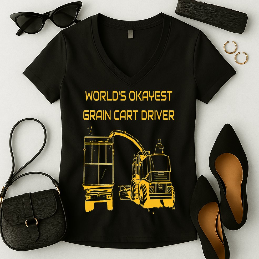 World's Okayest Grain Cart Driver  Fun Farming Women's V-Neck T-Shirt