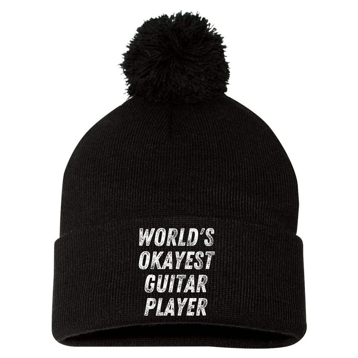 WorldS Okayest Guitar Player Funny Guitarist Guitar Lover Pom Pom 12in Knit Beanie