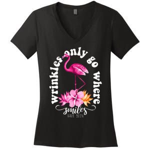 Wrinkles Only Go Where Smiles Have Been Flamingo Women's V-Neck T-Shirt