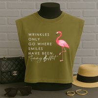 Wrinkles Only Go Where Smiles Have Been Cute Flamingo Garment-Dyed Women's Muscle Tee
