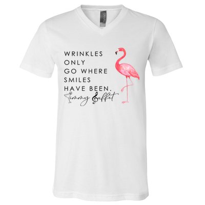 Wrinkles Only Go Where Smiles Have Been Cute Flamingo V-Neck T-Shirt