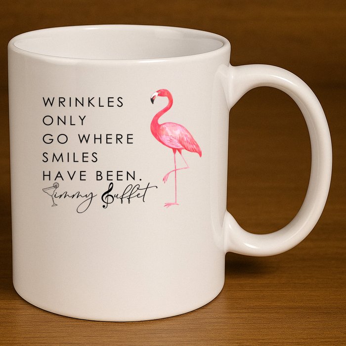 Wrinkles Only Go Where Smiles Have Been Cute Flamingo 11oz C Handle Ceramic Mug