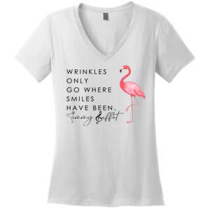 Wrinkles Only Go Where Smiles Have Been Cute Flamingo Women's V-Neck T-Shirt