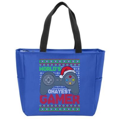 World's Okayest Gamer Funny Christmas Ugly Gaming Sweater Great Gift Zip Tote Bag