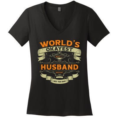 WorldS Okayest Husband Funny Vintage Label Sarcastic Women's V-Neck T-Shirt