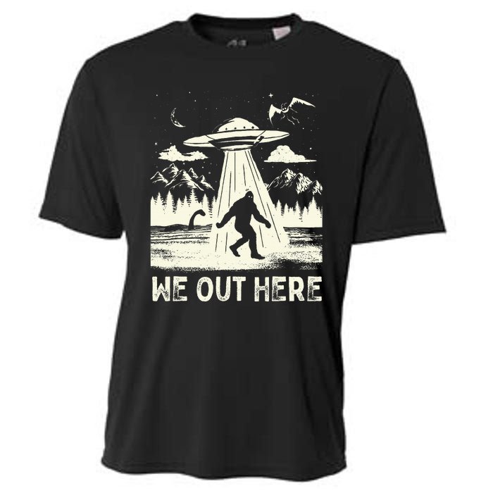 We Out Here Funny Bigfoot Mothman Cryptid Ufo Abduction Cooling Performance Crew T-Shirt