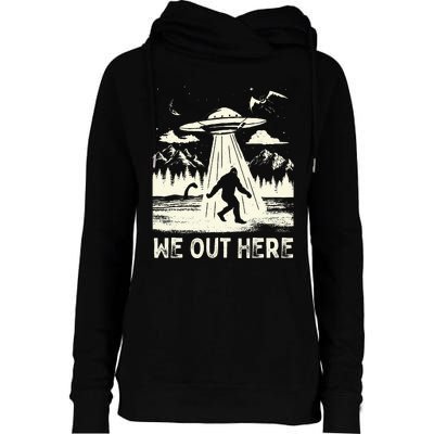 We Out Here Funny Bigfoot Mothman Cryptid Ufo Abduction Womens Funnel Neck Pullover Hood