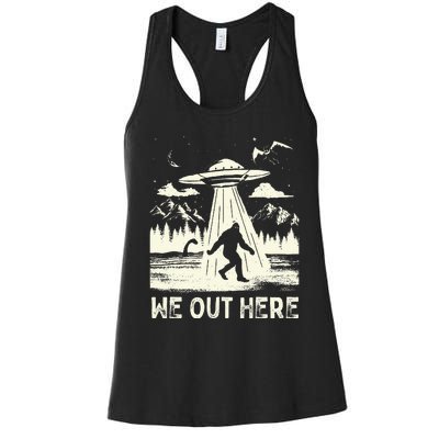 We Out Here Funny Bigfoot Mothman Cryptid Ufo Abduction Women's Racerback Tank