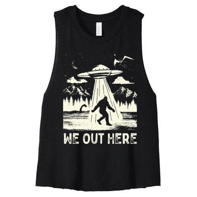 We Out Here Funny Bigfoot Mothman Cryptid Ufo Abduction Women's Racerback Cropped Tank