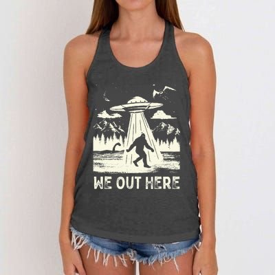 We Out Here Funny Bigfoot Mothman Cryptid Ufo Abduction Women's Knotted Racerback Tank