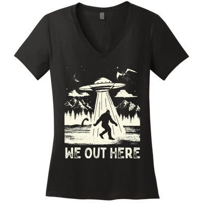 We Out Here Funny Bigfoot Mothman Cryptid Ufo Abduction Women's V-Neck T-Shirt