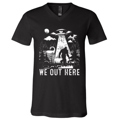 We Out Here Funny Bigfoot Mothman Cryptid Ufo Abduction V-Neck T-Shirt