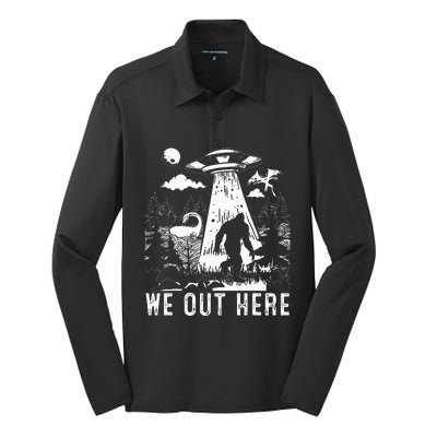 We Out Here Funny Bigfoot Mothman Cryptid Ufo Abduction Silk Touch Performance Long Sleeve Polo