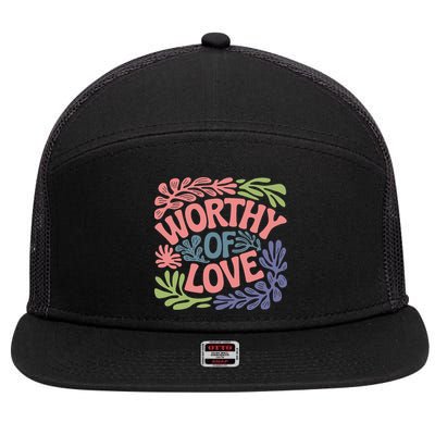 Worthy Of Love Inspirational Floral Pattern 7 Panel Mesh Trucker Snapback Hat
