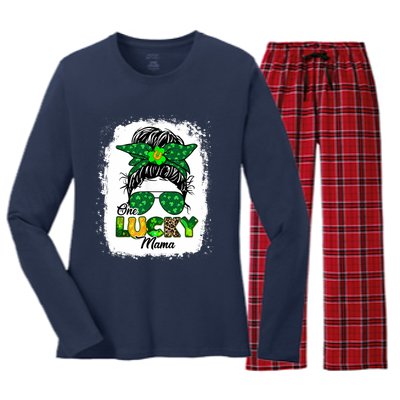 Wo One Lucky Mama St Patricks Day Mom Mother Shamrock Women's Long Sleeve Flannel Pajama Set 