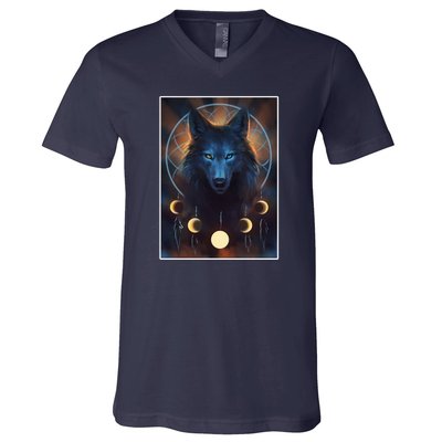 Wolf Dream Catcher Moon Phases  V-Neck T-Shirt